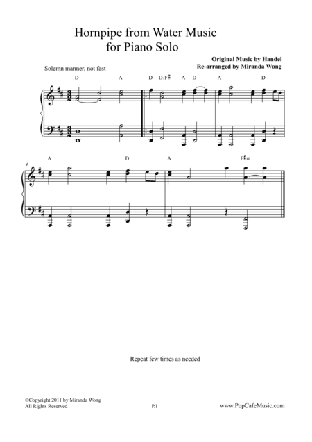 Allegro Maestoso (Hornpipe) from Water Music - Piano Solo (arr. Miranda Wong)