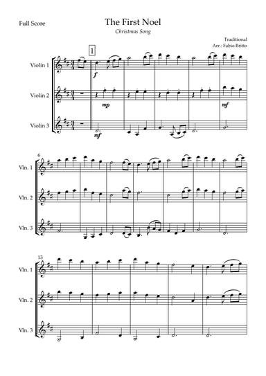 The First Noel (Christmas Song) for Violin Trio (arr. Fabio Britto)