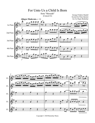 For Unto Us a Child is Born (from "Messiah") (G) (Flute Quintet) (arr. Regis Bookshar)