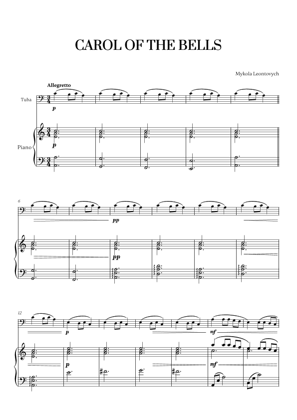 Carol of the Bells (Very Easy/Beginner) - A minor (for Tuba and Piano) (arr. Cadenza Editions)