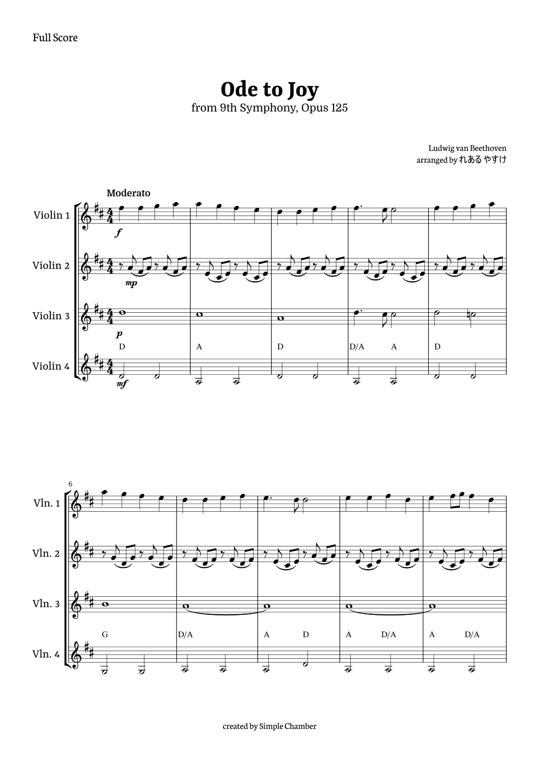 Ode to Joy for Violin Quartet by Beethoven Opus 125 (arr. れある やすけ)