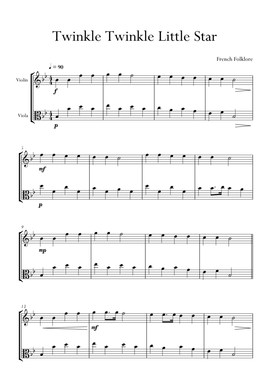Twinkle Twinkle Little Star in Bb Major for Violin and Viola Duo. Easy. (arr. Matheus Araújo)