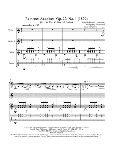 Romanza Andaluza, Op. 22, No. 1 for TWO Violins and Guitar (arr. Joel Jacklich (ASCAP))