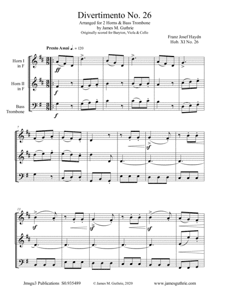 Haydn: Divertimento No. 26, Trio for 2 French Horns & Bass Trombone (arr. James M. Guthrie)