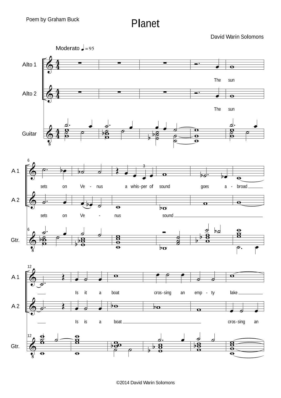 Planet (The Sun sets on Venus) for 2 altos and guitar