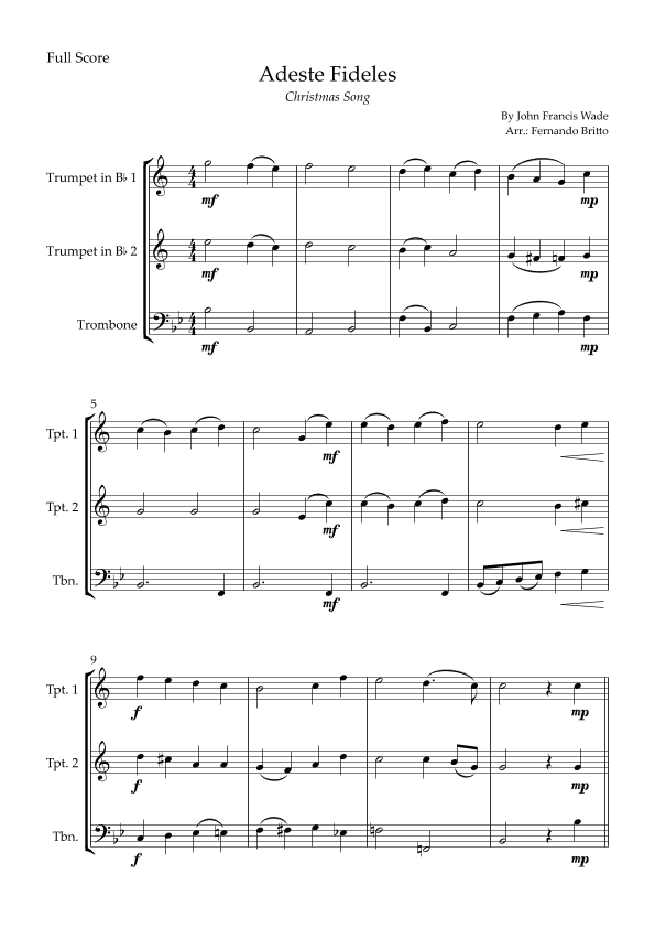 Adeste Fideles (Christmas Song) for Brass Trio (arr. Fernando Britto)