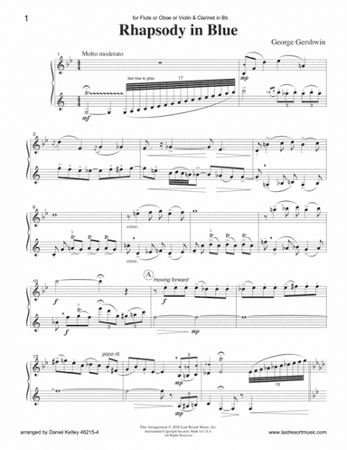 Rhapsody in Blue for Flute or Oboe or Violin & Clarinet Duet - Music for Two (arr. Daniel Kelley)