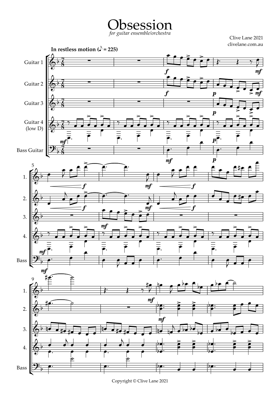 Obsession (guitar quintet or guitar orchestra)