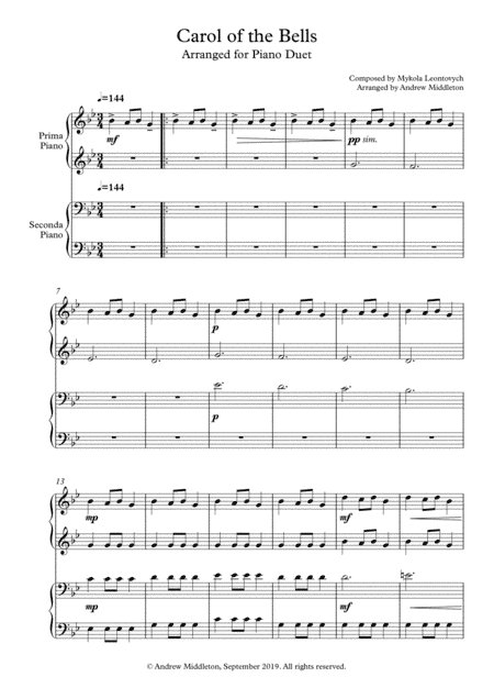 Carol of the Bells arranged for Piano Duet (arr. Andrew Middleton)