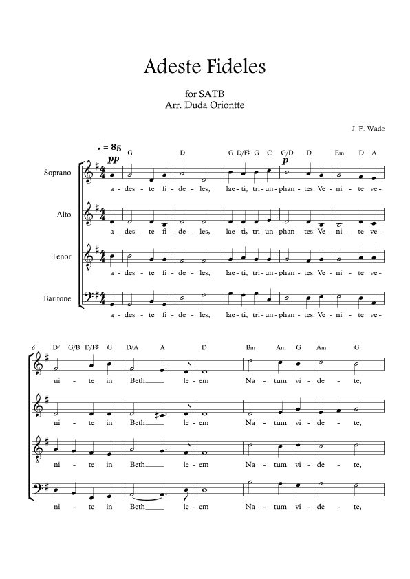 Adeste Fideles (SABT - G major - 4 staffs - no piano - with chords) O Come All Ye Faiful (arr. Duda Oriontte)