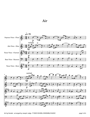 Air by Handel for Woodwind Quartet in Schools (arr. Joseph Judge)
