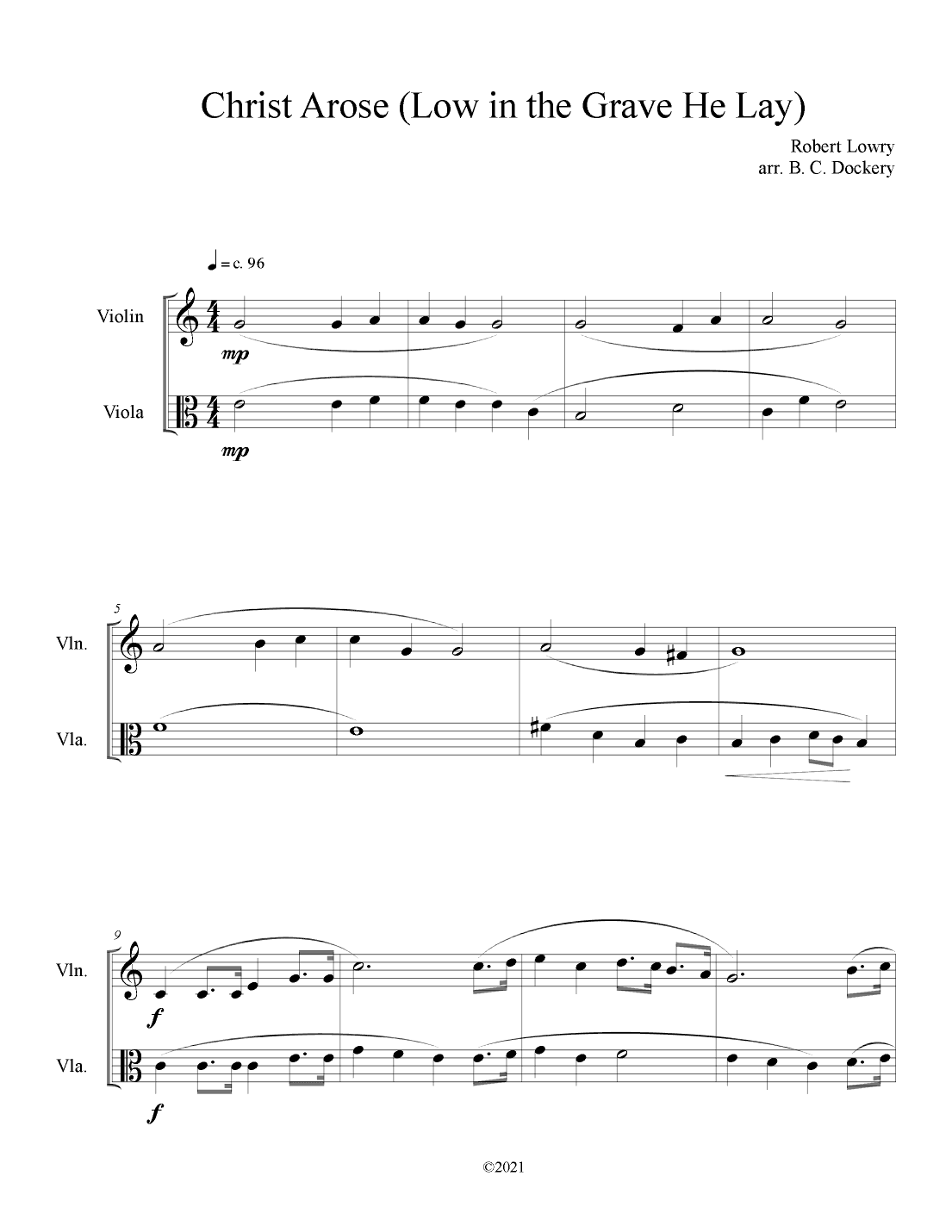 Christ Arose (Low in the Grave He Lay) for Violin and Viola Duet (arr. B. C. Dockery)