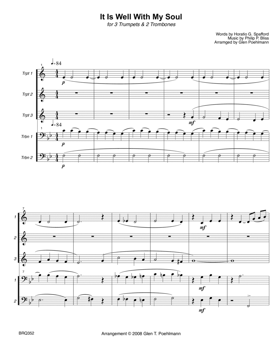 IT IS WELL WITH MY SOUL - 3 TRUMPETS & 2 TROMBONES (unaccompanied) (arr. Glen Poehlmann)