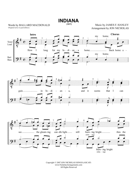 Indiana (Back Home Again In Indiana) (arr. Jon Nicholas)