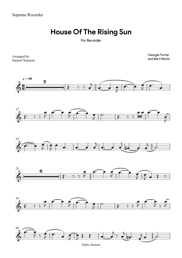 House of the Rising Sun - for Recorder - with play along (arr. Samuel Sequeira)