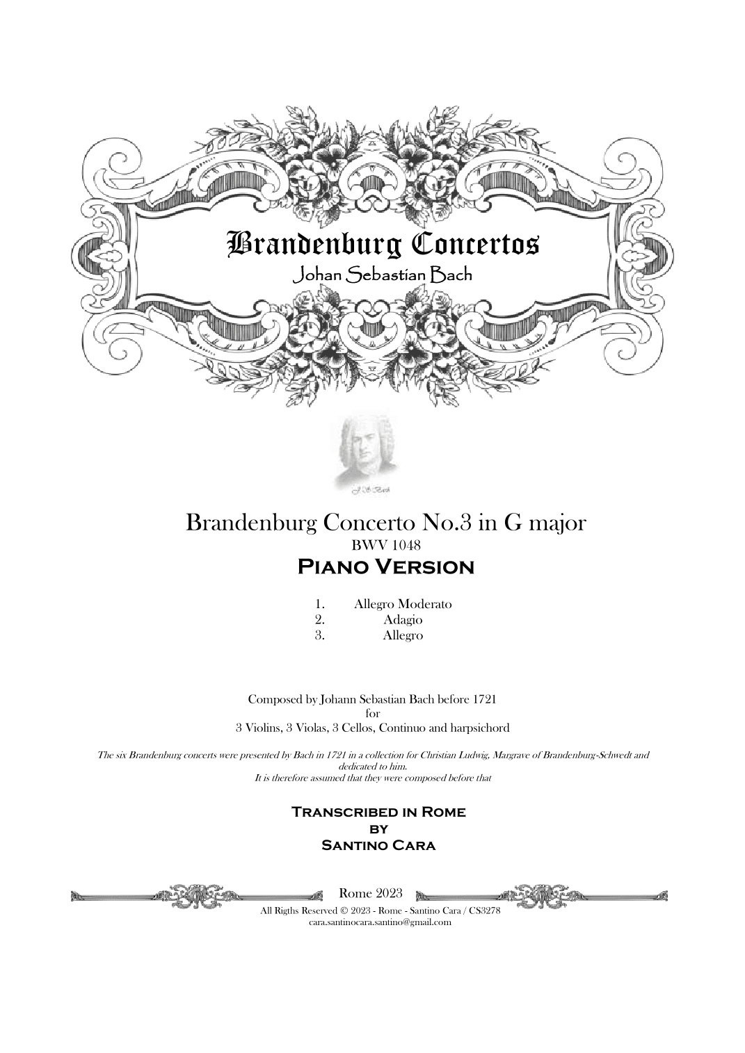 Bach - Brandenburg Concerto No.3 in G major BWV 1048 - Piano Version (arr. Santino Cara)