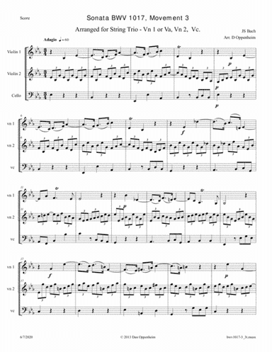 Bach: Sonata for Violin and Keyboard BWV 1017 3rd movement, arranged for String Trio (Violin 1 or Vi (arr. D Oppeheim)