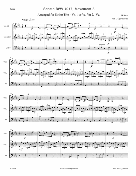 Bach: Sonata for Violin and Keyboard BWV 1017 3rd movement, arranged for String Trio (Violin 1 or Vi (arr. D Oppeheim)
