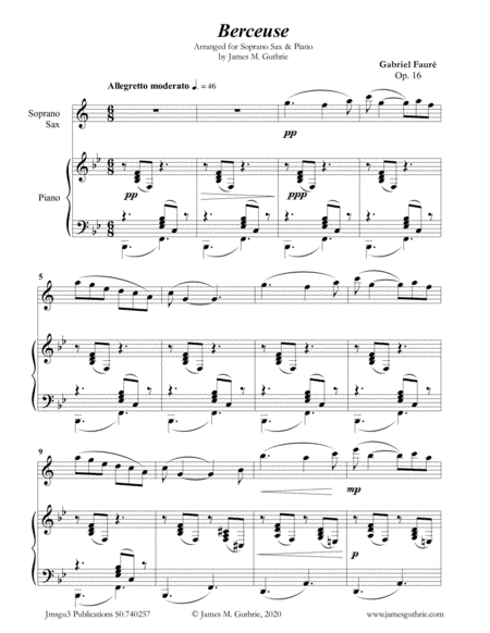 Fauré: Berceuse Op. 16 for Soprano Sax & Piano (arr. James Guthrie, ASCAP)