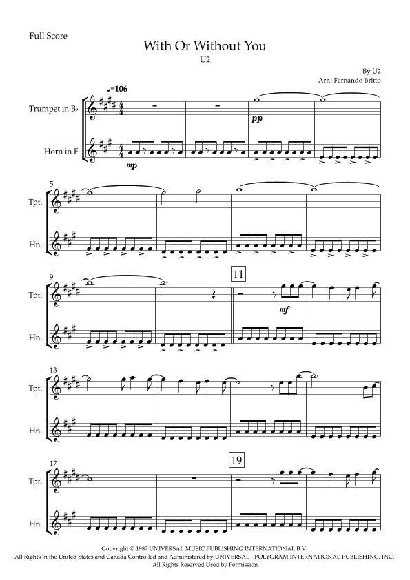 With Or Without You (arr. Fabio Britto)