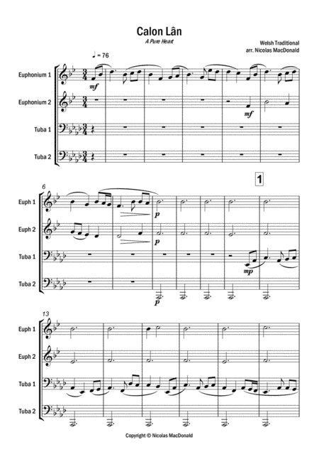 Calon Lan for Euphonium Quartet (arr. Nicolas MacDonald)