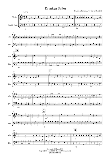 Drunken Sailor for Violin and Double Bass Duet (arr. David Burndrett)