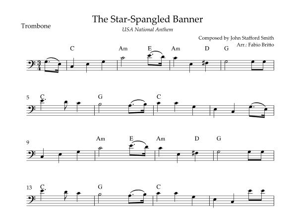 The Star Spangled Banner (USA National Anthem) for Trombone Solo with Chords (C Major) (arr. Fabio Britto)