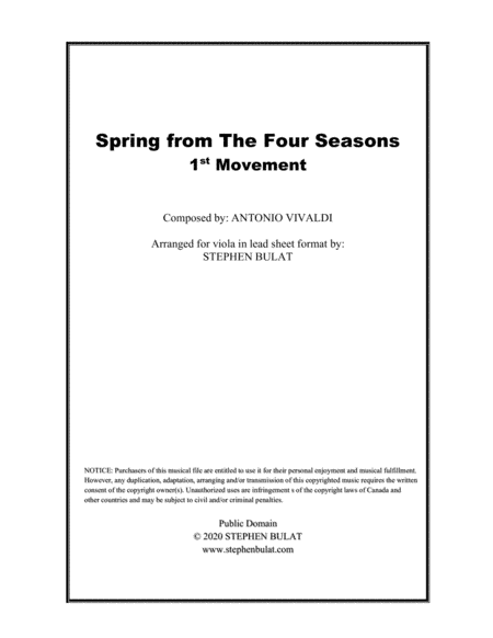 Spring - 1st Movement from "The Four Seasons" (Vivaldi) - Lead sheet (key of G) (arr. Stephen Bulat)