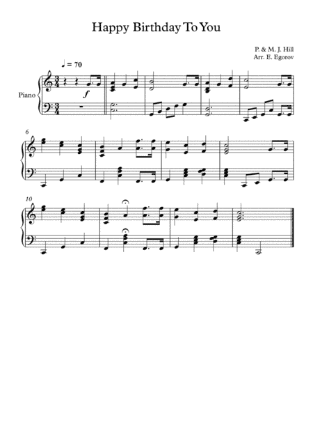 Happy Birthday To You, Patty & Mildred J. Hill, For Easy Piano