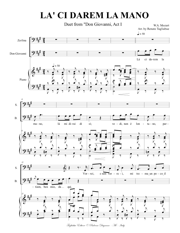 LA' CI DAREM LA MANO - From "Don Giovanni" - K. 527 - For Soprano, Basso and Piano (arr. Renato Tagliabue)