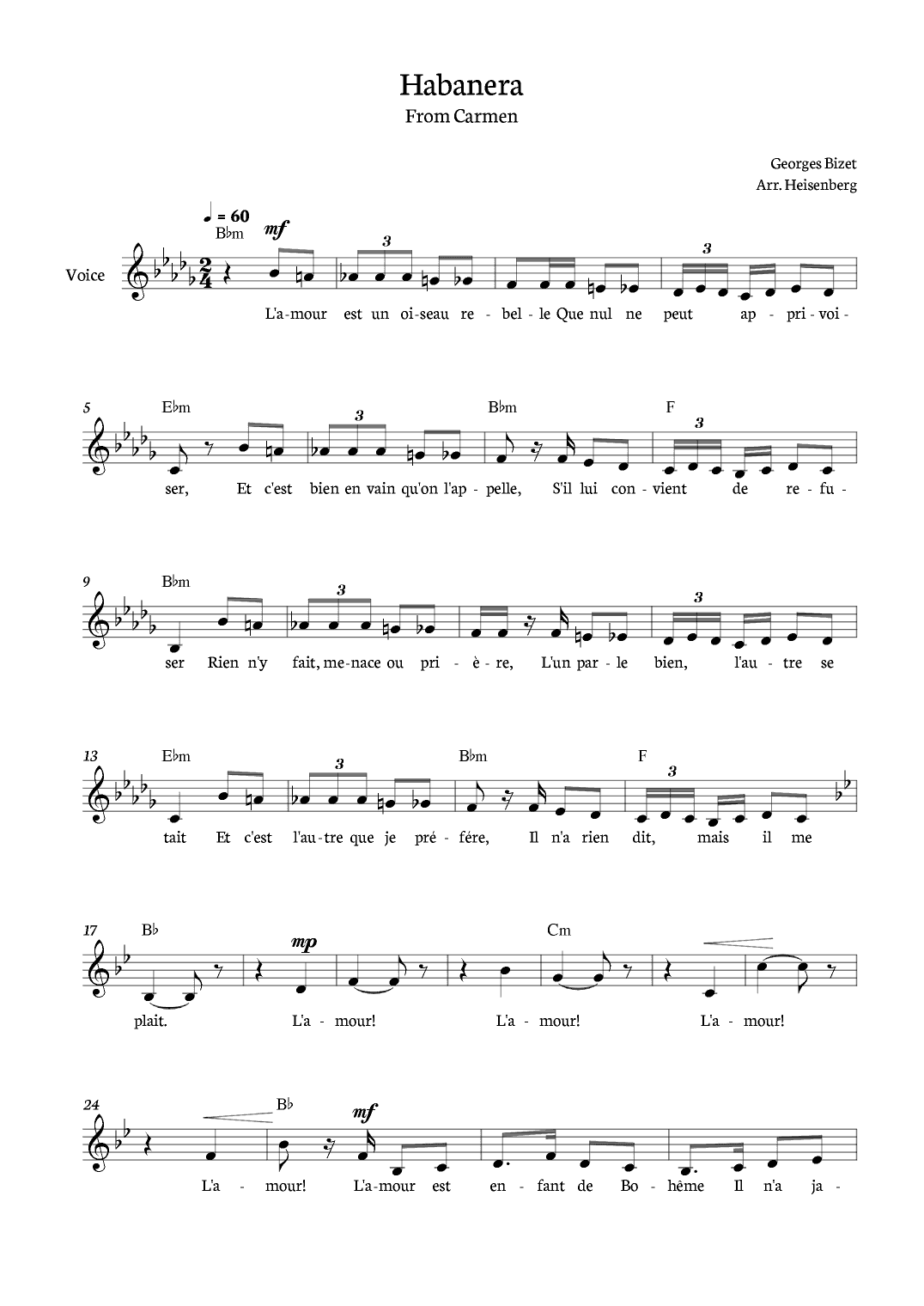 Habanera Carmen for voice in Bb minor with chords (arr. Heisenberg)