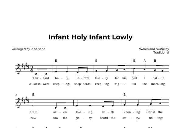 Infant Holy Infant Lowly (Key of E Major) (arr. R. Salvario)