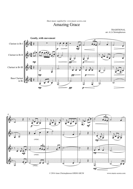 Amazing Grace - 3 Bb Clarinets and Bass Clarinet (arr. Anne L Christopherson GRSM ARCM)
