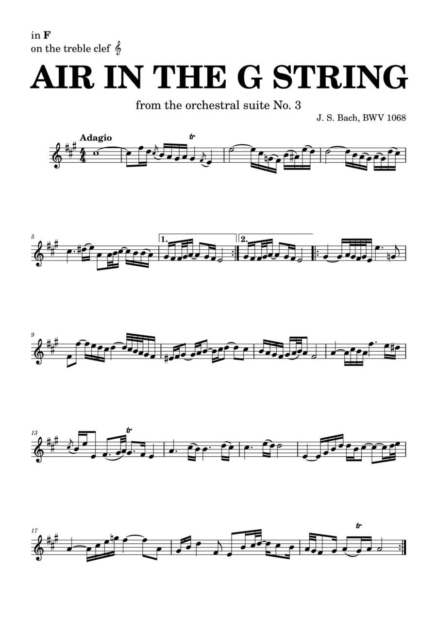 Air on the G string in D, BWV 1068 (accompanied) - for F instruments in treble clef (arr. Leyandder Trustworthy)