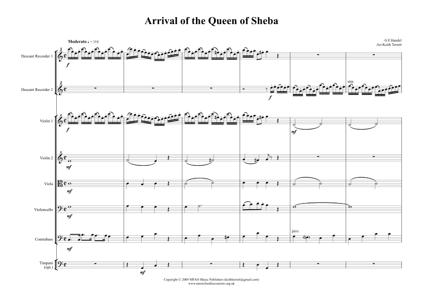 The Arrival of the Queen of Sheba for 2 Descant Recorders  & String Orchestra (arr. Keith Terrett)