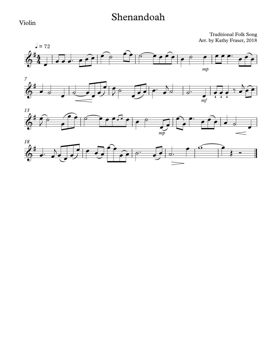 Shenandoah for Violin and Cello Duet (arr. Katherine L Fraser)