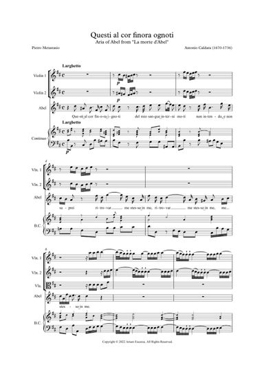 "Questi al cor finora ognoti" from "La Morte d'Abel" by Antonio Caldara - Score Only (arr. Arturo Escorza)