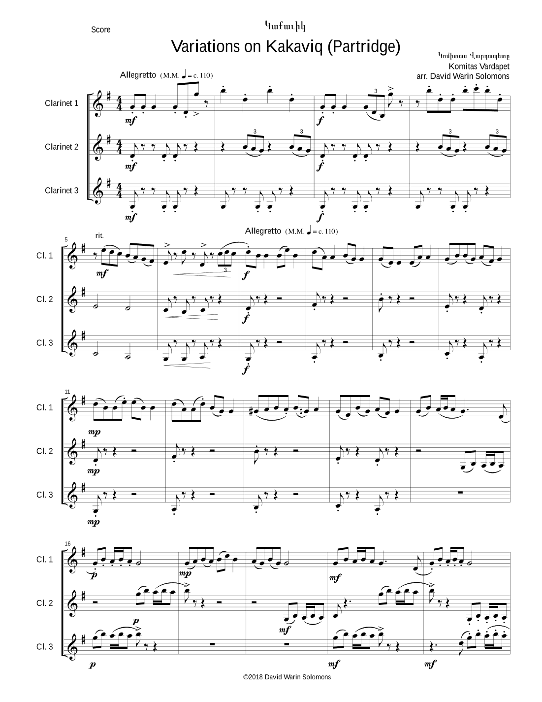 Variations on Կաքաւիկ (Kakaviq - Partridge) by Komitas Vardapet arranged for clarinet trio (arr. David Warin Solomons)