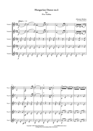 Hungarian Dance no.5, by Johannes Brahms, arranged for 5 violins (arr. Adrian Mansukhani)