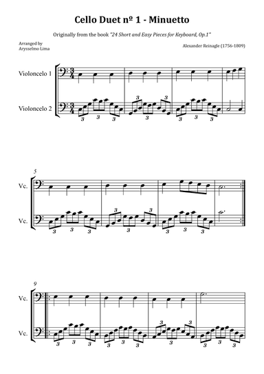 Cello Duet nº 1 – Minuetto (Originally from the book "24 Short and Easy Pieces for Keyboard, Op.1") (arr. Arysselmo Lima)