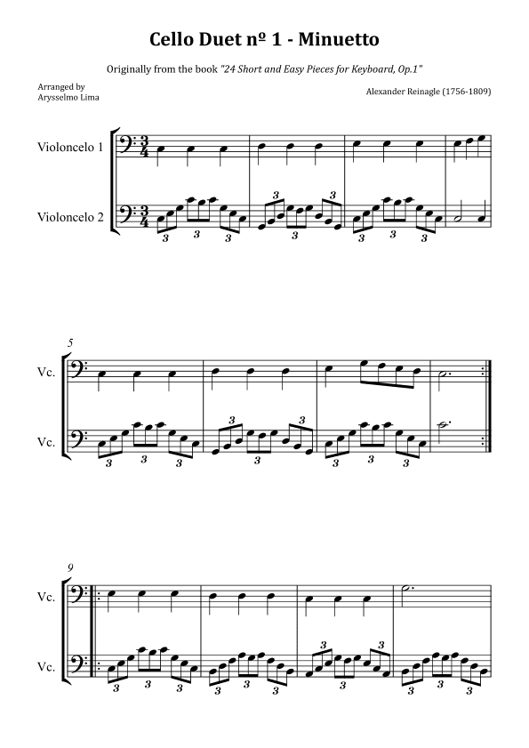 Cello Duet nº 1 – Minuetto (Originally from the book "24 Short and Easy Pieces for Keyboard, Op.1") (arr. Arysselmo Lima)