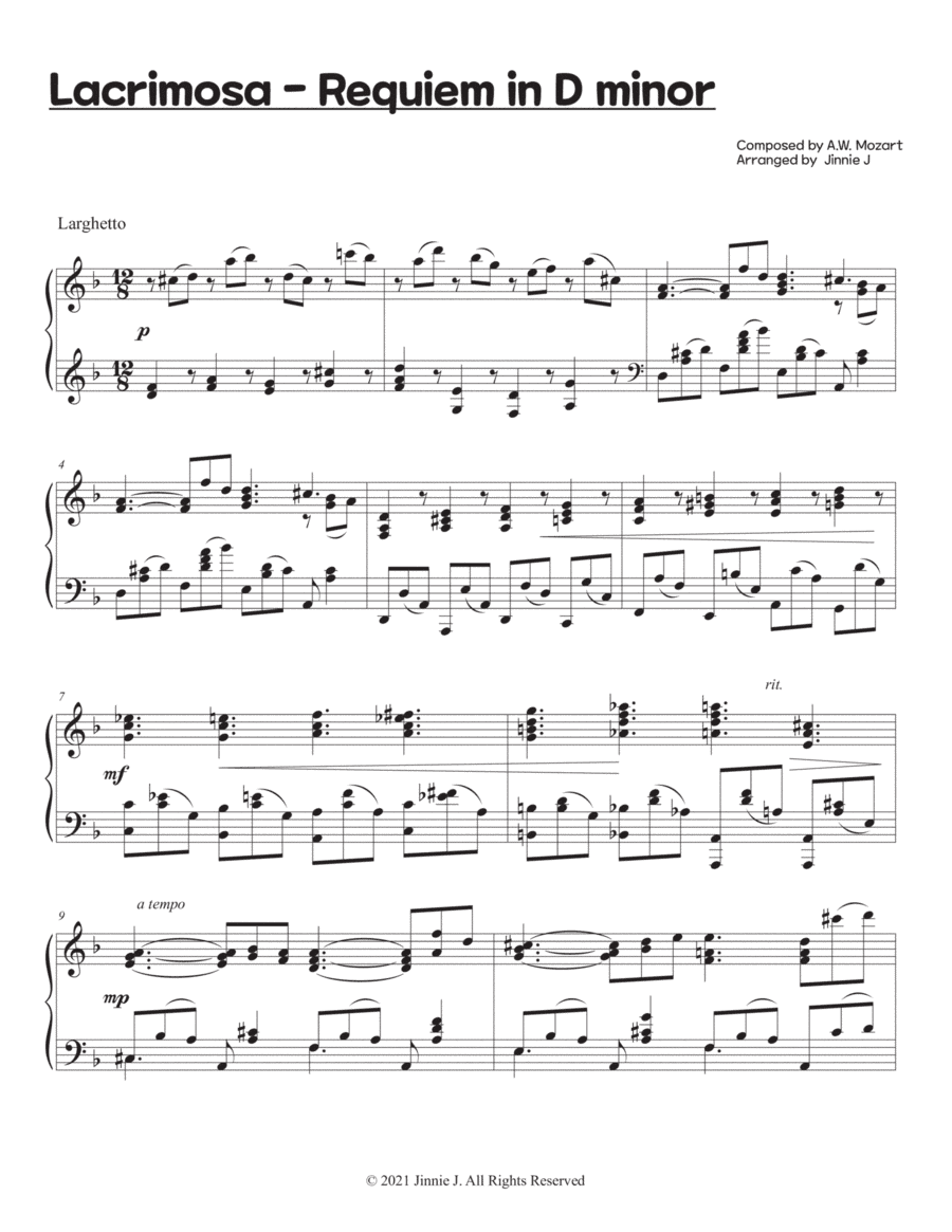Lacrimosa for Solo Piano (arr. Jinnie J)