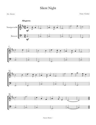 Silent Night carol for beginners sheet music for trumpet and Bassoon (arr. Arezzo Music)