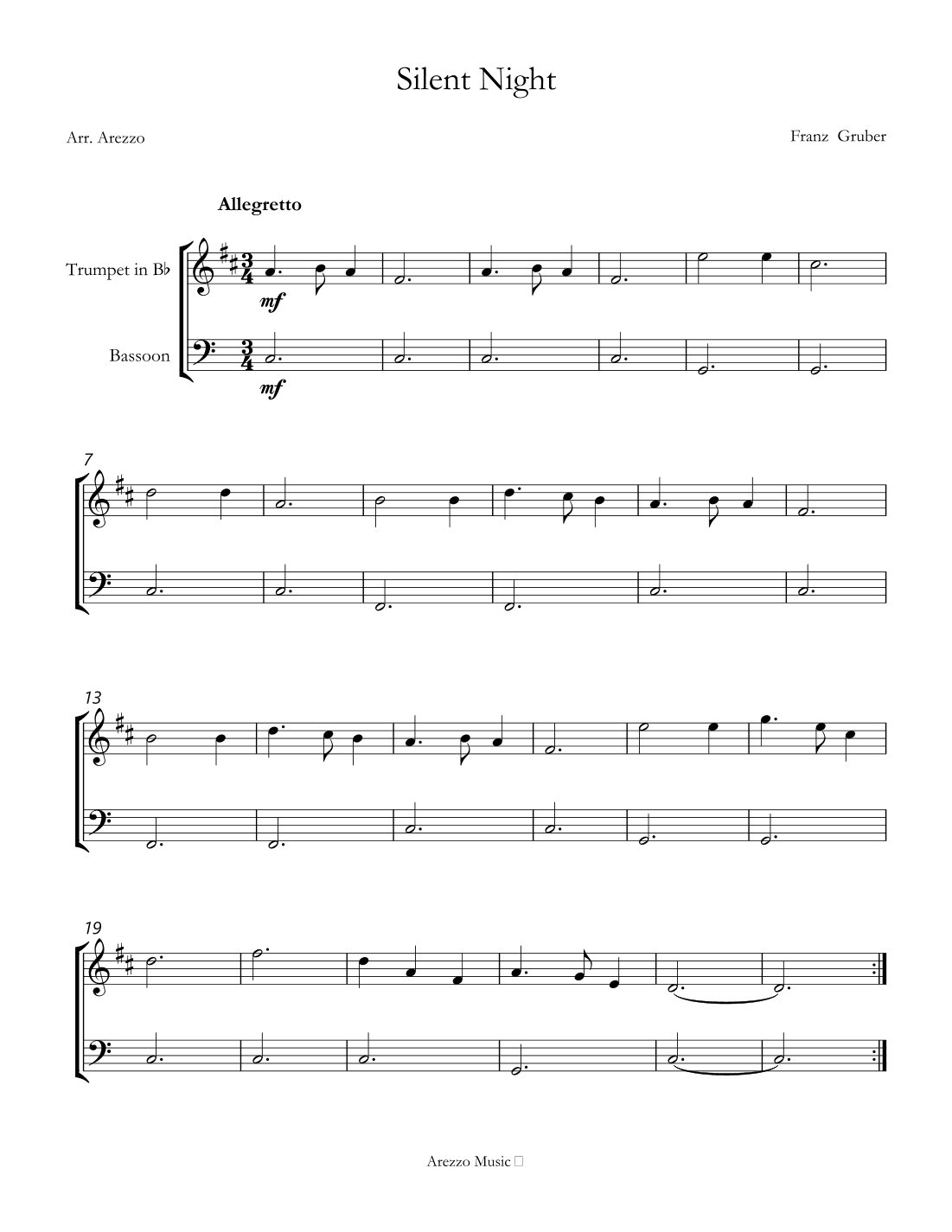 Silent Night carol for beginners sheet music for trumpet and Bassoon (arr. Arezzo Music)