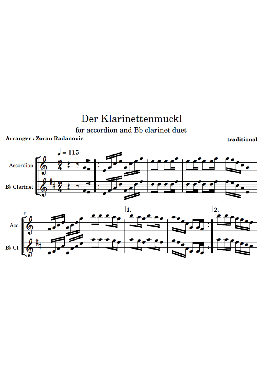Clarinet Polka - Der Klarinettenmuckl - for accordion and Bb clarinet duet (arr. Zoran Radanovic)