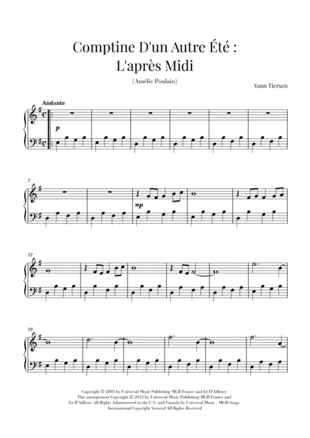 Comptine D'un Autre Été: L'après-midi (arr. Cadenza Editions)