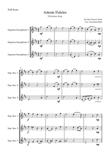 Adeste Fideles (Christmas Song) for Soprano Saxophone Trio (arr. Fernando Britto)