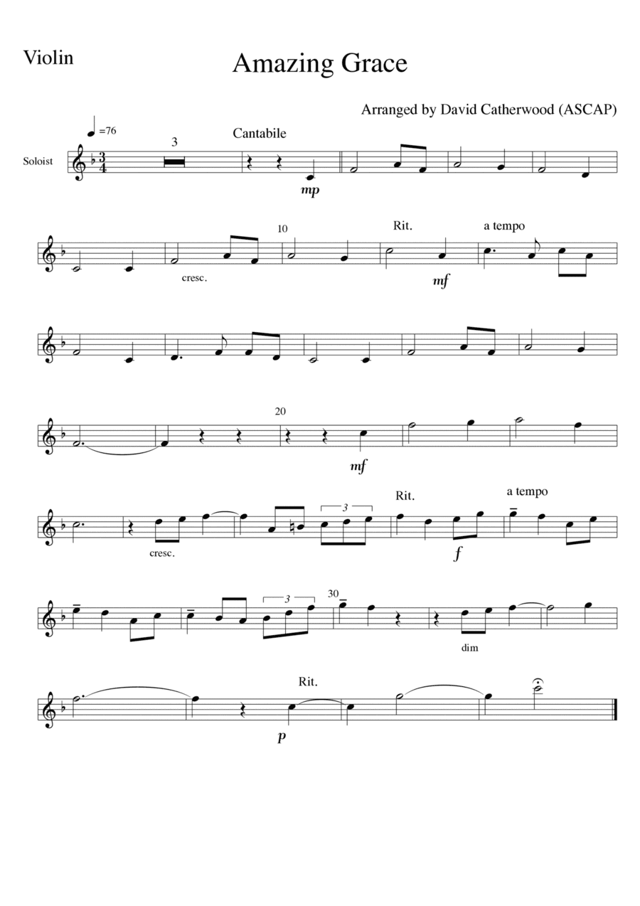 Amazing Grace - arranged for Violin solo and Piano by David Catherwood (arr. David Catherwood)