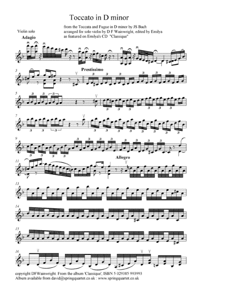 Toccata in D minor from the Bach Toccata & Fugue arranged for solo violin (arr. D F Wainwright)