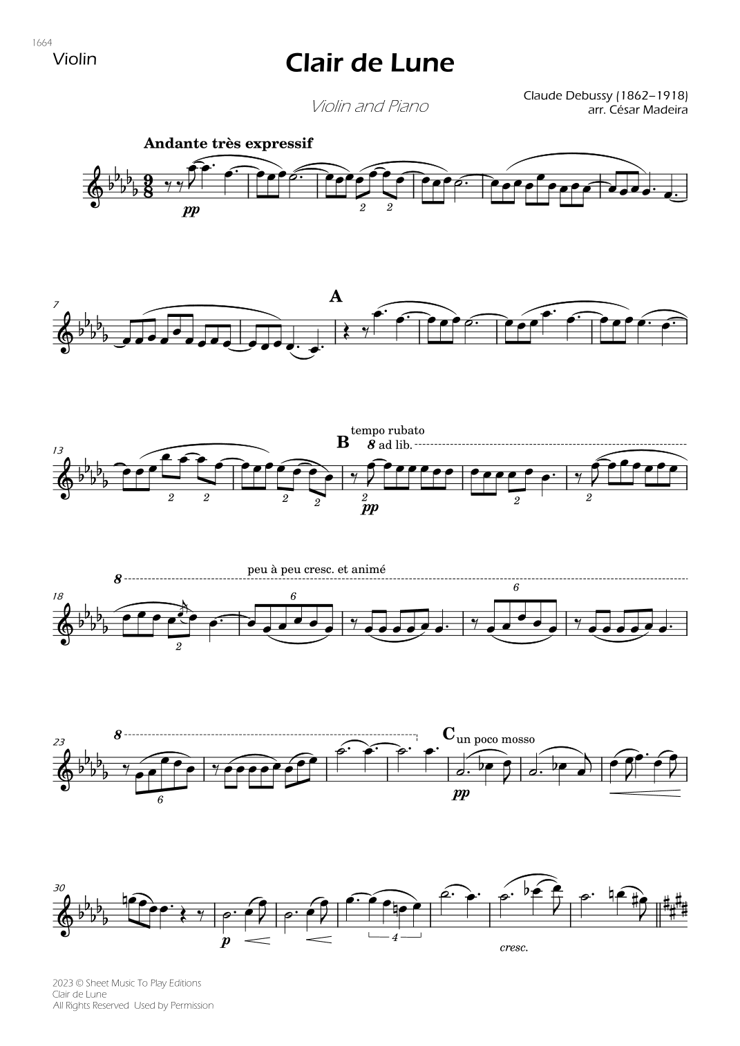 Clair de Lune by Debussy - Violin and Piano (Individual Parts) (arr. César Madeira)